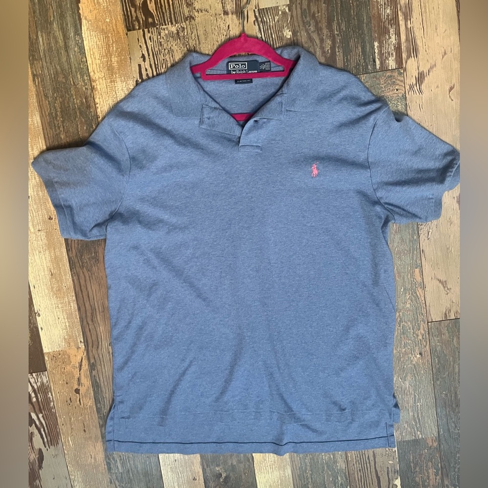 Ralph Lauren Men's Heather Blue Polo with Pink Pony